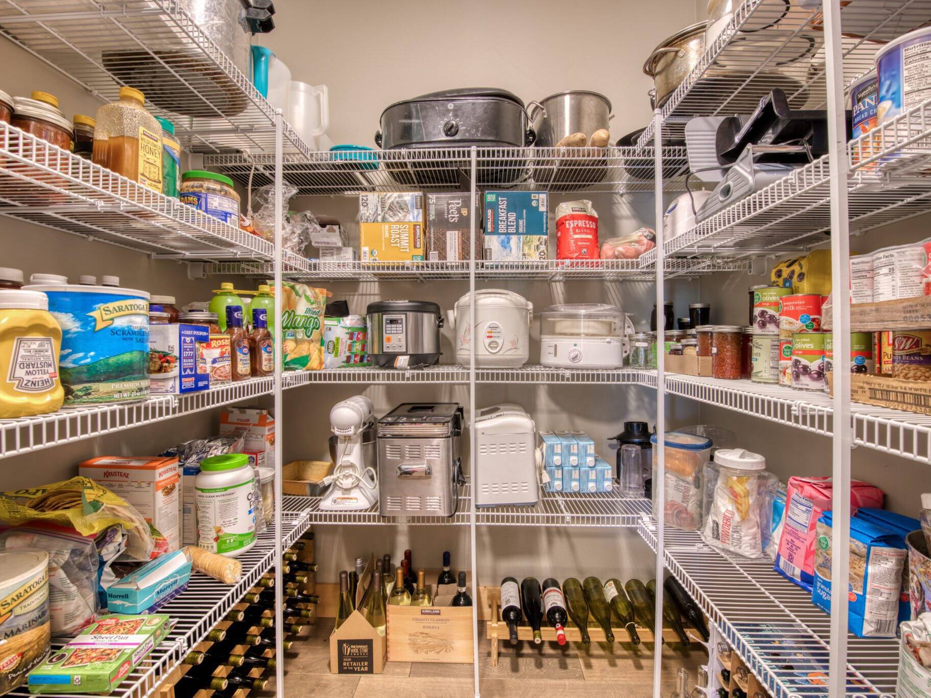 Large pantry with wire shelving in a custom home in Hamilton, MT