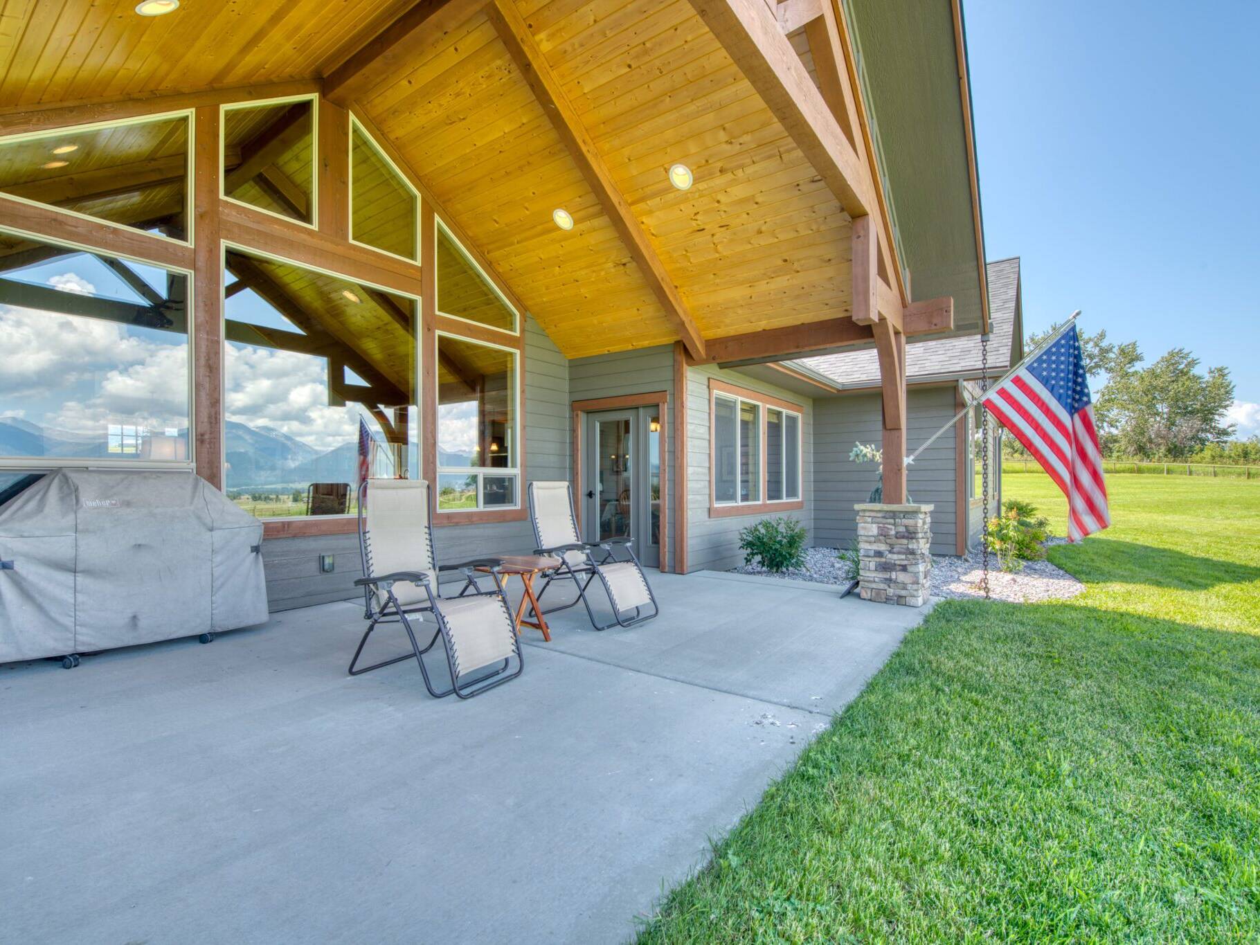 Covered back patio on a custom home built by Big Sky Builders in Stevensville, MT