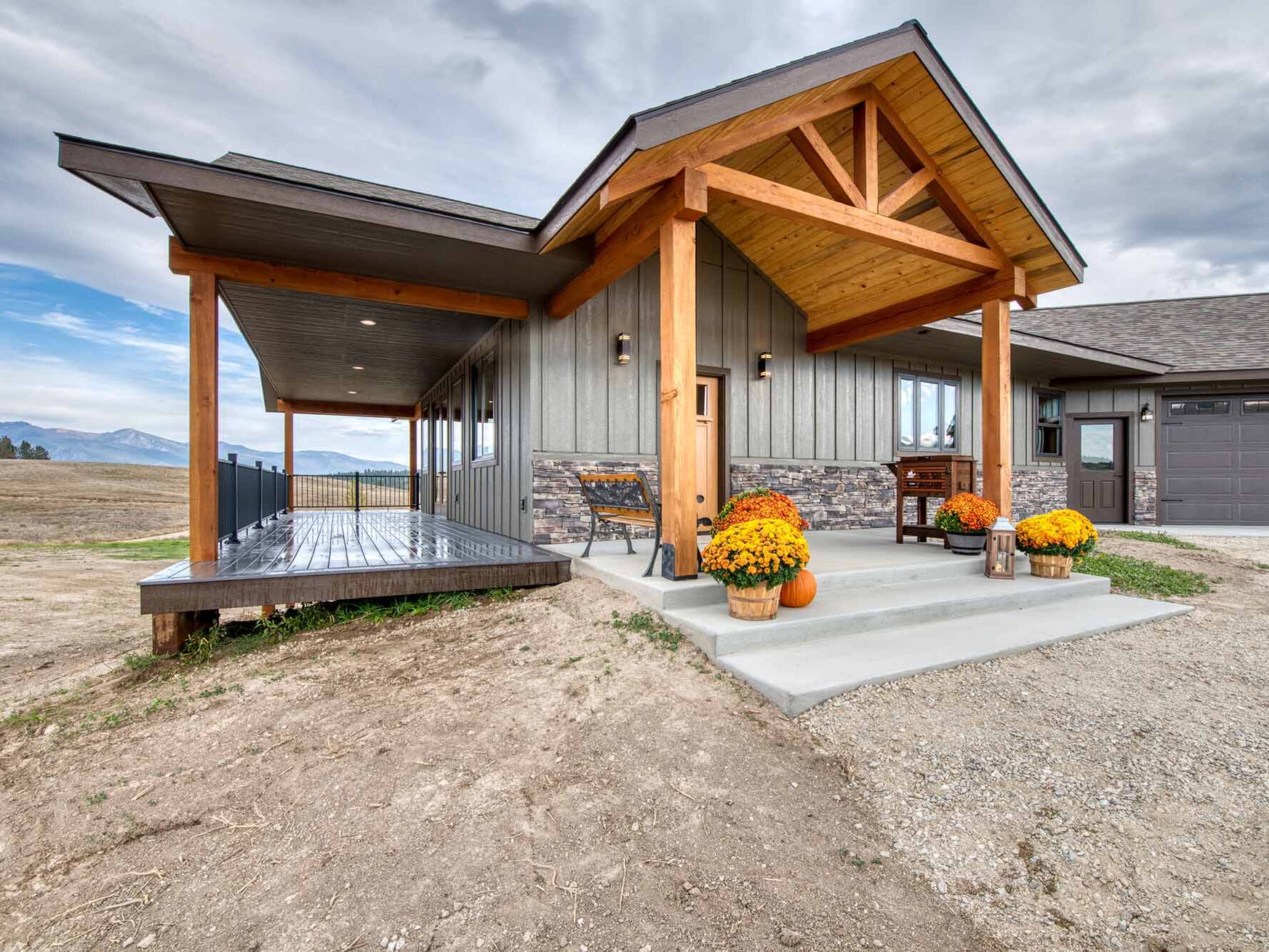 Covered porch of a custom home built by Big Sky Builders in Stevensville, MT